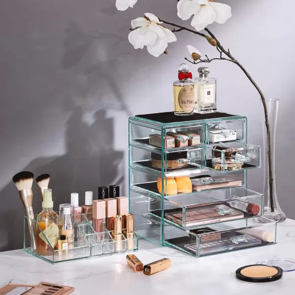 imageSorbus Clear Cosmetic Makeup Organizer  Make Up ampamp Jewelry Storage Case Display for Dresser Bathroom Vanity 3 Large 4 Small Drawers Bronze GlowTeal