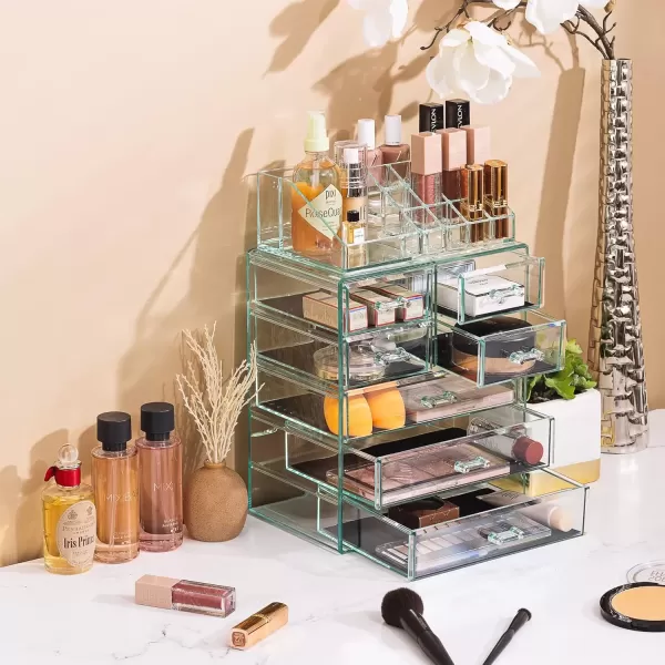 imageSorbus Clear Cosmetic Makeup Organizer  Make Up ampamp Jewelry Storage Case Display for Dresser Bathroom Vanity 3 Large 4 Small Drawers Bronze GlowTeal
