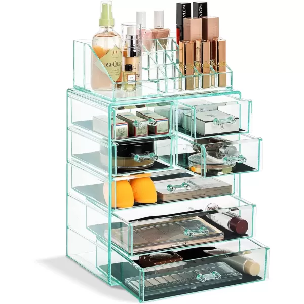 imageSorbus Clear Cosmetic Makeup Organizer  Make Up ampamp Jewelry Storage Case Display for Dresser Bathroom Vanity 3 Large 4 Small Drawers Bronze GlowTeal