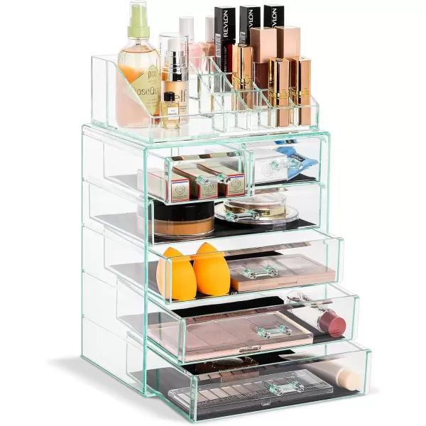 imageSorbus Clear Cosmetic Makeup Organizer  Make Up ampamp Jewelry Storage Case Display for Dresser Bathroom Vanity 3 Large 4 Small Drawers Bronze GlowTeal Thrill