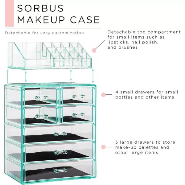 imageSorbus Clear Cosmetic Makeup Organizer  Make Up ampamp Jewelry Storage Case Display for Dresser Bathroom Vanity 3 Large 4 Small Drawers Bronze GlowTeal