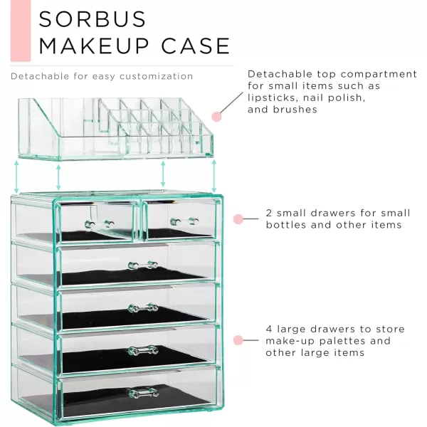 imageSorbus Clear Cosmetic Makeup Organizer  Make Up ampamp Jewelry Storage Case Display for Dresser Bathroom Vanity 3 Large 4 Small Drawers Bronze GlowTeal Thrill