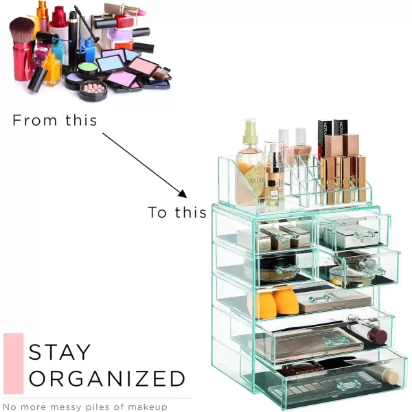 imageSorbus Clear Cosmetic Makeup Organizer  Make Up ampamp Jewelry Storage Case Display for Dresser Bathroom Vanity 3 Large 4 Small Drawers Bronze GlowTeal