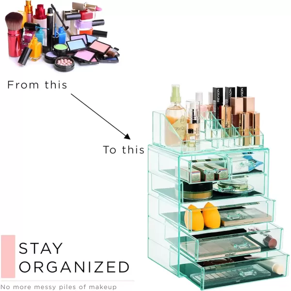 imageSorbus Clear Cosmetic Makeup Organizer  Make Up ampamp Jewelry Storage Case Display for Dresser Bathroom Vanity 3 Large 4 Small Drawers Bronze GlowTeal Thrill