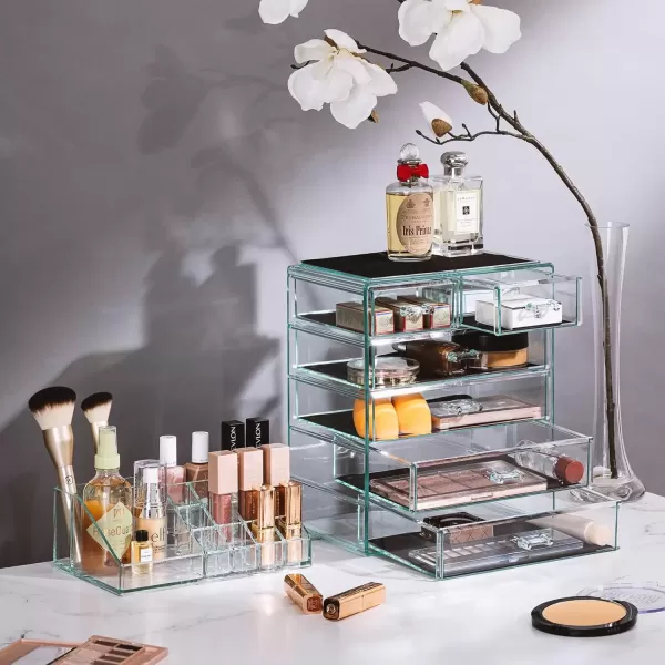 imageSorbus Clear Cosmetic Makeup Organizer  Make Up ampamp Jewelry Storage Case Display for Dresser Bathroom Vanity 3 Large 4 Small Drawers Bronze GlowTeal Thrill