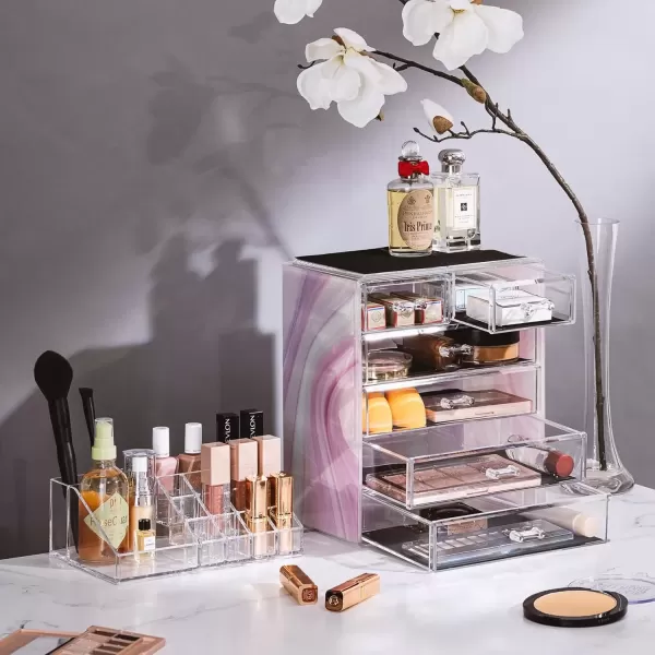 imageSorbus Clear Cosmetic Makeup Organizer  Make Up ampamp Jewelry Storage Case Display for Dresser Bathroom Vanity 3 Large 4 Small Drawers Bronze GlowTie Dye