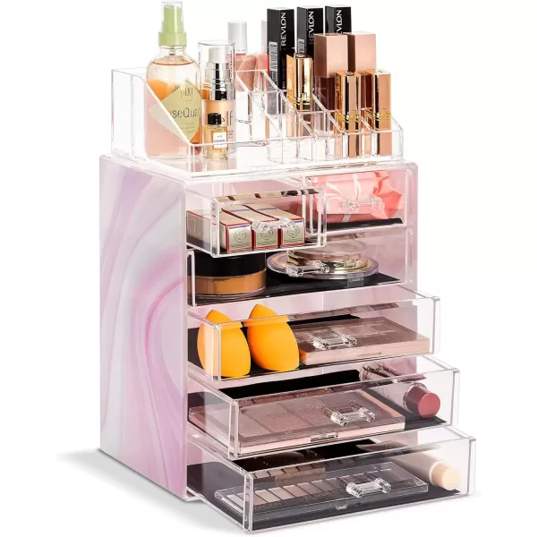 imageSorbus Clear Cosmetic Makeup Organizer  Make Up ampamp Jewelry Storage Case Display for Dresser Bathroom Vanity 3 Large 4 Small Drawers Bronze GlowTie Dye