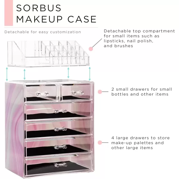 imageSorbus Clear Cosmetic Makeup Organizer  Make Up ampamp Jewelry Storage Case Display for Dresser Bathroom Vanity 3 Large 4 Small Drawers Bronze GlowTie Dye