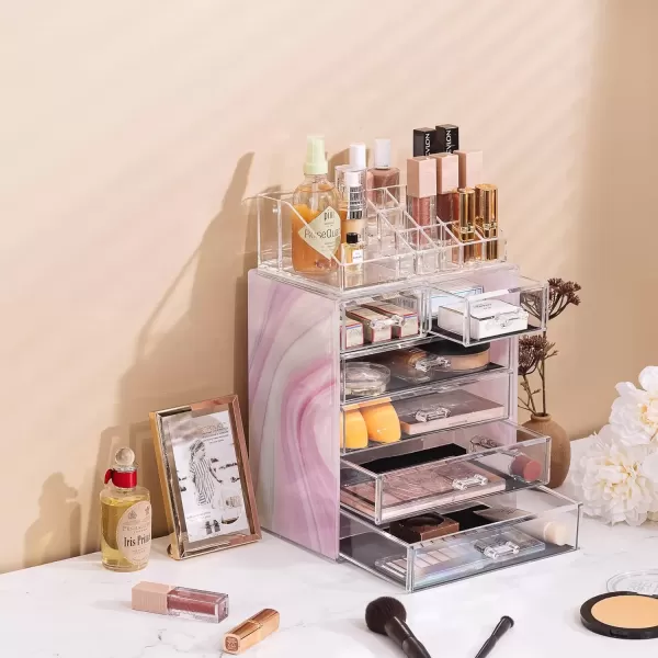 imageSorbus Clear Cosmetic Makeup Organizer  Make Up ampamp Jewelry Storage Case Display for Dresser Bathroom Vanity 3 Large 4 Small Drawers Bronze GlowTie Dye