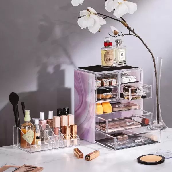 imageSorbus Clear Cosmetic Makeup Organizer  Make Up ampamp Jewelry Storage Case Display for Dresser Bathroom Vanity 3 Large 4 Small Drawers Bronze GlowTie Dye