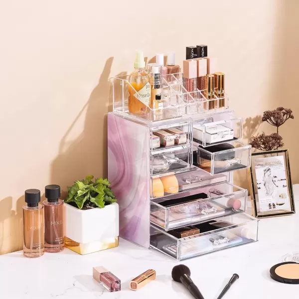 imageSorbus Clear Cosmetic Makeup Organizer  Make Up ampamp Jewelry Storage Case Display for Dresser Bathroom Vanity 3 Large 4 Small Drawers Bronze GlowTie Dye