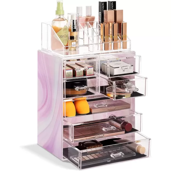 imageSorbus Clear Cosmetic Makeup Organizer  Make Up ampamp Jewelry Storage Case Display for Dresser Bathroom Vanity 3 Large 4 Small Drawers Bronze GlowTie Dye