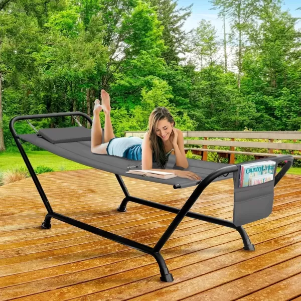 imageSorbus Cozy Hammock Bed Patio Hammock with Stand wPillow and Storage Pockets Heavy Duty 500lbs Support Durable Outdoor Hammock For Patio Garden Backyard Poolside Weather Resistant Outdoor BedGrey