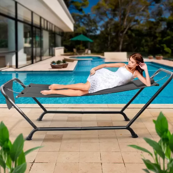 imageSorbus Cozy Hammock Bed Patio Hammock with Stand wPillow and Storage Pockets Heavy Duty 500lbs Support Durable Outdoor Hammock For Patio Garden Backyard Poolside Weather Resistant Outdoor BedGrey