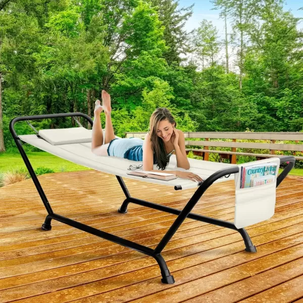 imageSorbus Cozy Hammock Bed Patio Hammock with Stand wPillow and Storage Pockets Heavy Duty 500lbs Support Durable Outdoor Hammock For Patio Garden Backyard Poolside Weather Resistant Outdoor BedBeige