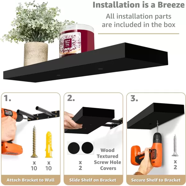 imageSorbus Floating Shelves Wall Shelves for Bedroom Kitchen Living Room Bathroom Shelves Over The Toilet Home Decor Farmhouse Style 24 x 9 Inch Wall Mounted Floating Shelves for Wall 4 PackBlack