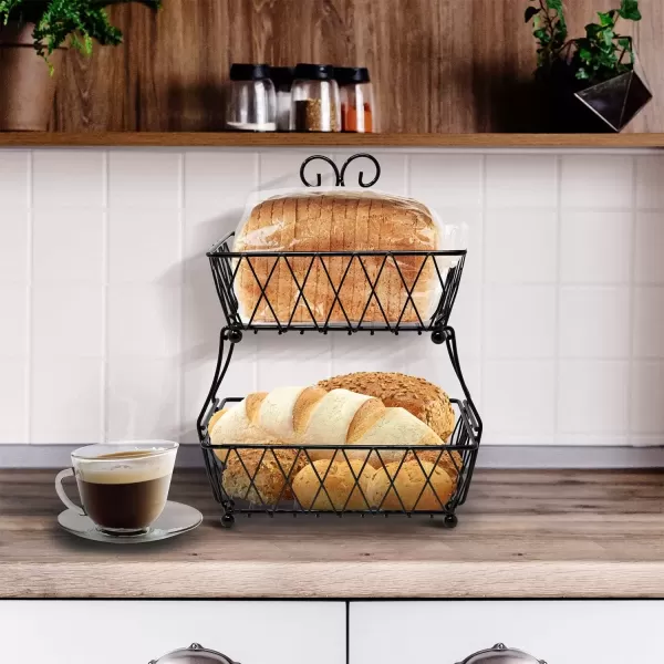 imageSorbus Fruit Basket Display Stand 2Tier for Vegetable Fruit ampamp Bread Counter Storage for Kitchen Bathroom Rectangular Antique Metal BlackBlack