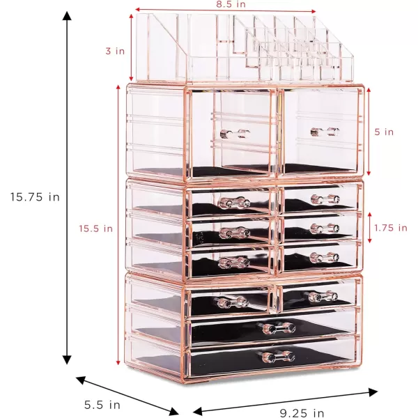 imageSorbus Large Makeup Organizer  Clear Stackable Jewelry Makeup Organizer for Vanity Bathroom Storage Display Case  12 Drawers Cosmetic Beauty Organizers and Storage with Lipstick Makeup Brush HolderPink