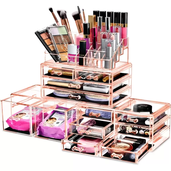 imageSorbus Large Makeup Organizer  Clear Stackable Jewelry Makeup Organizer for Vanity Bathroom Storage Display Case  12 Drawers Cosmetic Beauty Organizers and Storage with Lipstick Makeup Brush HolderPink