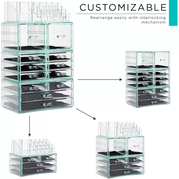 imageSorbus Large Makeup Organizer  Clear Stackable Jewelry Makeup Organizer for Vanity Bathroom Storage Display Case  12 Drawers Cosmetic Beauty Organizers and Storage with Lipstick Makeup Brush HolderTeal Thrill