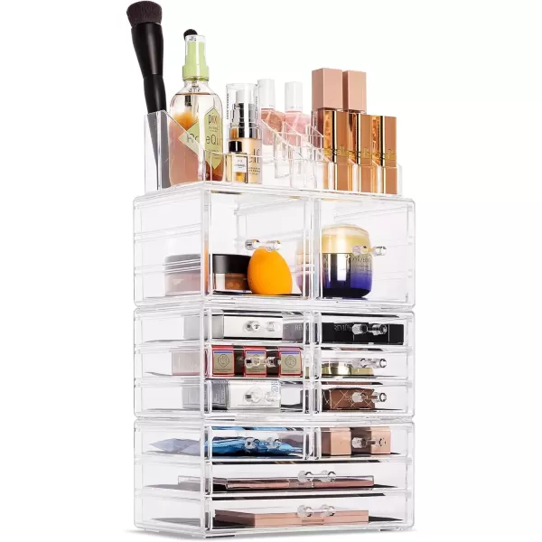 imageSorbus Large Makeup Organizer  Clear Stackable Jewelry Makeup Organizer for Vanity Bathroom Storage Display Case  12 Drawers Cosmetic Beauty Organizers and Storage with Lipstick Makeup Brush HolderClear