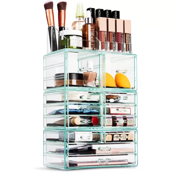 imageSorbus Large Makeup Organizer  Clear Stackable Jewelry Makeup Organizer for Vanity Bathroom Storage Display Case  12 Drawers Cosmetic Beauty Organizers and Storage with Lipstick Makeup Brush HolderTeal Thrill