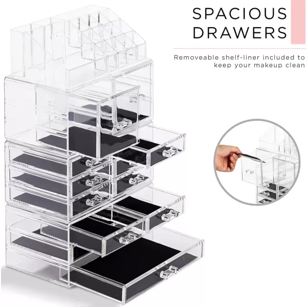 imageSorbus Large Makeup Organizer  Clear Stackable Jewelry Makeup Organizer for Vanity Bathroom Storage Display Case  12 Drawers Cosmetic Beauty Organizers and Storage with Lipstick Makeup Brush HolderClear