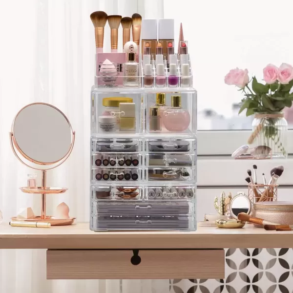 imageSorbus Large Makeup Organizer  Clear Stackable Jewelry Makeup Organizer for Vanity Bathroom Storage Display Case  12 Drawers Cosmetic Beauty Organizers and Storage with Lipstick Makeup Brush HolderMarble
