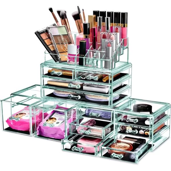 imageSorbus Large Makeup Organizer  Clear Stackable Jewelry Makeup Organizer for Vanity Bathroom Storage Display Case  12 Drawers Cosmetic Beauty Organizers and Storage with Lipstick Makeup Brush HolderTeal Thrill