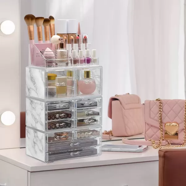 imageSorbus Large Makeup Organizer  Clear Stackable Jewelry Makeup Organizer for Vanity Bathroom Storage Display Case  12 Drawers Cosmetic Beauty Organizers and Storage with Lipstick Makeup Brush HolderMarble