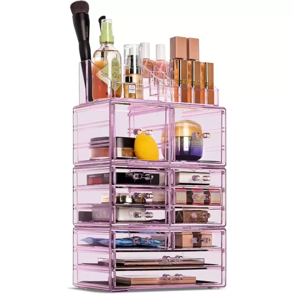 imageSorbus Large Makeup Organizer  Clear Stackable Jewelry Makeup Organizer for Vanity Bathroom Storage Display Case  12 Drawers Cosmetic Beauty Organizers and Storage with Lipstick Makeup Brush HolderPurple