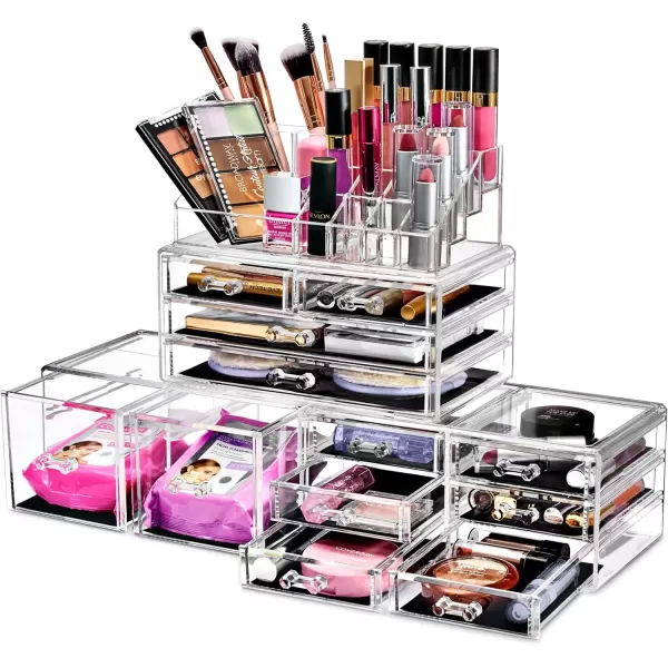 imageSorbus Large Makeup Organizer  Clear Stackable Jewelry Makeup Organizer for Vanity Bathroom Storage Display Case  12 Drawers Cosmetic Beauty Organizers and Storage with Lipstick Makeup Brush HolderClear