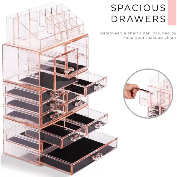 imageSorbus Large Makeup Organizer  Clear Stackable Jewelry Makeup Organizer for Vanity Bathroom Storage Display Case  12 Drawers Cosmetic Beauty Organizers and Storage with Lipstick Makeup Brush HolderPink