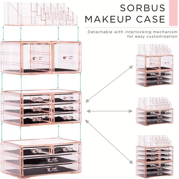 imageSorbus Large Makeup Organizer  Clear Stackable Jewelry Makeup Organizer for Vanity Bathroom Storage Display Case  12 Drawers Cosmetic Beauty Organizers and Storage with Lipstick Makeup Brush HolderPink