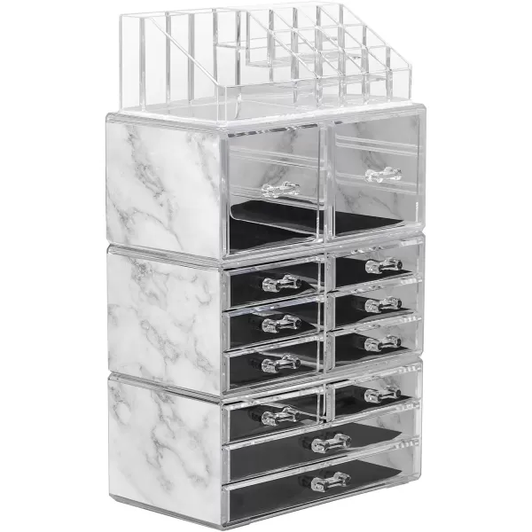 imageSorbus Large Makeup Organizer  Clear Stackable Jewelry Makeup Organizer for Vanity Bathroom Storage Display Case  12 Drawers Cosmetic Beauty Organizers and Storage with Lipstick Makeup Brush HolderMarble