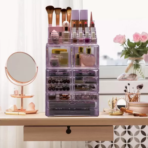 imageSorbus Large Makeup Organizer  Clear Stackable Jewelry Makeup Organizer for Vanity Bathroom Storage Display Case  12 Drawers Cosmetic Beauty Organizers and Storage with Lipstick Makeup Brush HolderPurple