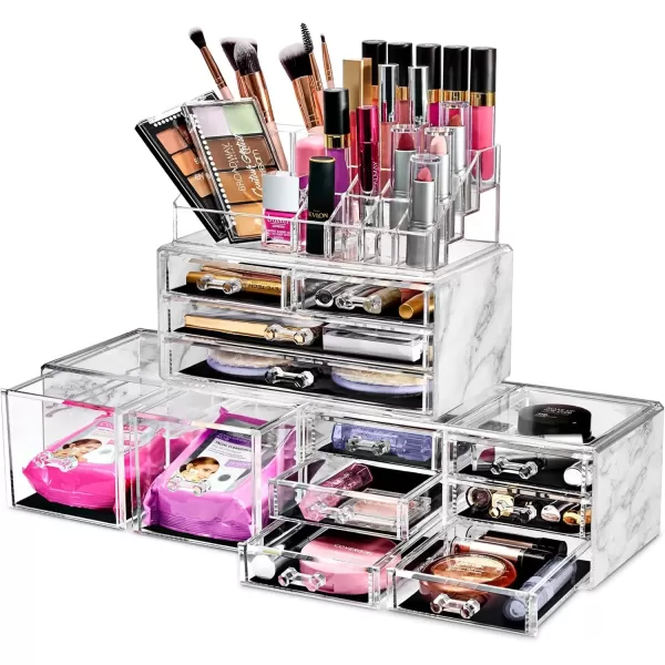 imageSorbus Large Makeup Organizer  Clear Stackable Jewelry Makeup Organizer for Vanity Bathroom Storage Display Case  12 Drawers Cosmetic Beauty Organizers and Storage with Lipstick Makeup Brush HolderMarble