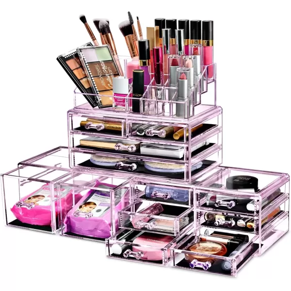 imageSorbus Large Makeup Organizer  Clear Stackable Jewelry Makeup Organizer for Vanity Bathroom Storage Display Case  12 Drawers Cosmetic Beauty Organizers and Storage with Lipstick Makeup Brush HolderPurple