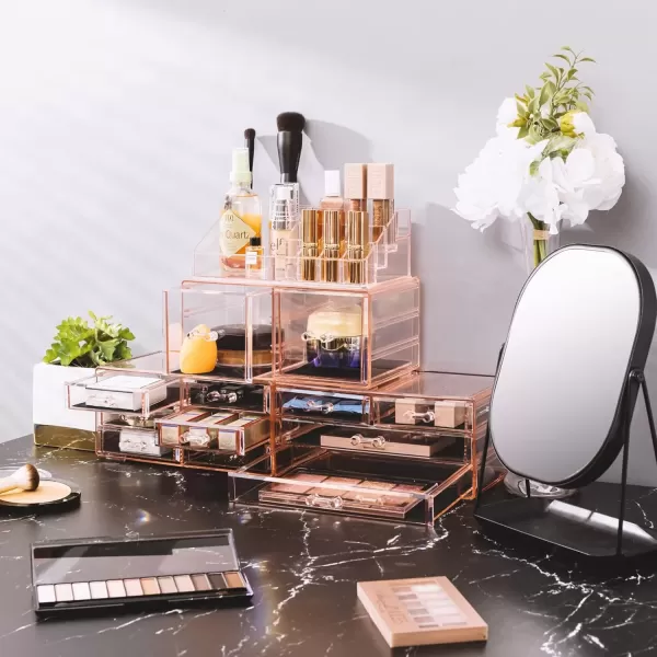imageSorbus Large Makeup Organizer  Clear Stackable Jewelry Makeup Organizer for Vanity Bathroom Storage Display Case  12 Drawers Cosmetic Beauty Organizers and Storage with Lipstick Makeup Brush HolderPink
