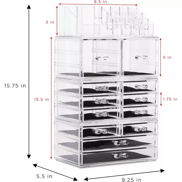 imageSorbus Large Makeup Organizer  Clear Stackable Jewelry Makeup Organizer for Vanity Bathroom Storage Display Case  12 Drawers Cosmetic Beauty Organizers and Storage with Lipstick Makeup Brush HolderClear