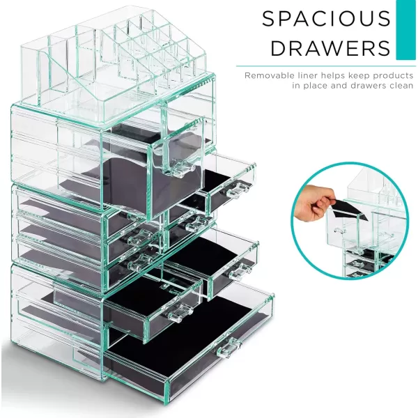 imageSorbus Large Makeup Organizer  Clear Stackable Jewelry Makeup Organizer for Vanity Bathroom Storage Display Case  12 Drawers Cosmetic Beauty Organizers and Storage with Lipstick Makeup Brush HolderTeal Thrill