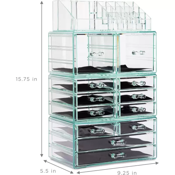 imageSorbus Large Makeup Organizer  Clear Stackable Jewelry Makeup Organizer for Vanity Bathroom Storage Display Case  12 Drawers Cosmetic Beauty Organizers and Storage with Lipstick Makeup Brush HolderTeal Thrill