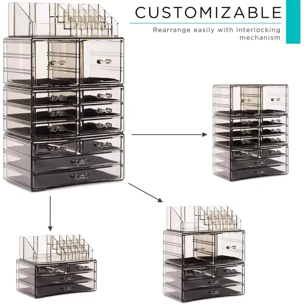 imageSorbus Large Makeup Organizer  Clear Stackable Jewelry Makeup Organizer for Vanity Bathroom Storage Display Case  12 Drawers Cosmetic Beauty Organizers and Storage with Lipstick Makeup Brush HolderBlack Jewel