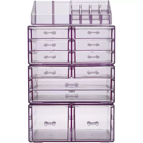 imageSorbus Large Makeup Organizer  Clear Stackable Jewelry Makeup Organizer for Vanity Bathroom Storage Display Case  12 Drawers Cosmetic Beauty Organizers and Storage with Lipstick Makeup Brush HolderPurple