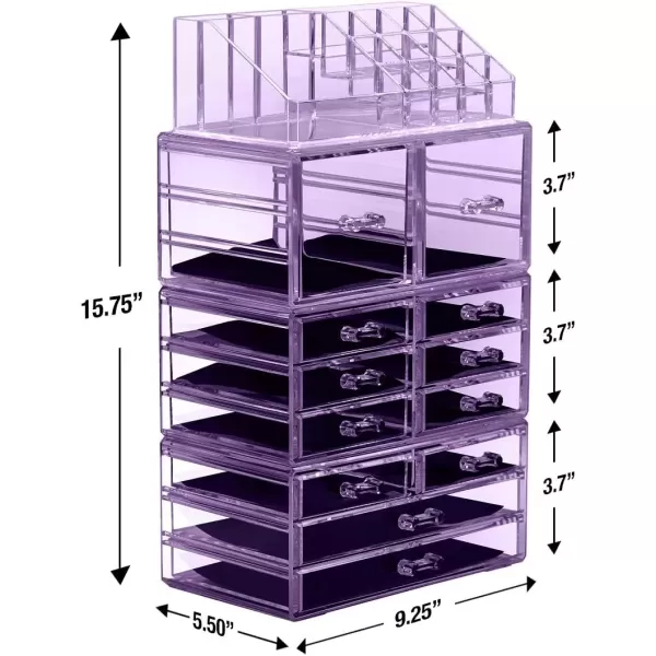 imageSorbus Large Makeup Organizer  Clear Stackable Jewelry Makeup Organizer for Vanity Bathroom Storage Display Case  12 Drawers Cosmetic Beauty Organizers and Storage with Lipstick Makeup Brush HolderPurple