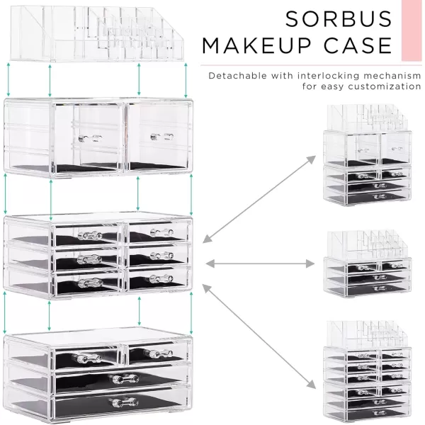imageSorbus Large Makeup Organizer  Clear Stackable Jewelry Makeup Organizer for Vanity Bathroom Storage Display Case  12 Drawers Cosmetic Beauty Organizers and Storage with Lipstick Makeup Brush HolderClear