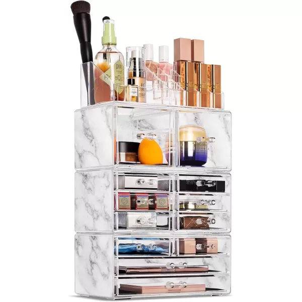 imageSorbus Large Makeup Organizer  Clear Stackable Jewelry Makeup Organizer for Vanity Bathroom Storage Display Case  12 Drawers Cosmetic Beauty Organizers and Storage with Lipstick Makeup Brush HolderMarble