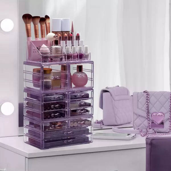 imageSorbus Large Makeup Organizer  Clear Stackable Jewelry Makeup Organizer for Vanity Bathroom Storage Display Case  12 Drawers Cosmetic Beauty Organizers and Storage with Lipstick Makeup Brush HolderPurple