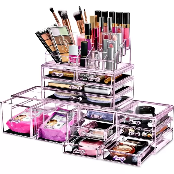 imageSorbus Large Makeup Organizer  Clear Stackable Jewelry Makeup Organizer for Vanity Bathroom Storage Display Case  12 Drawers Cosmetic Beauty Organizers and Storage with Lipstick Makeup Brush HolderPurple