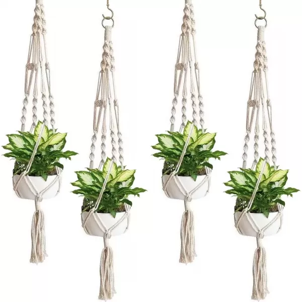 imageSorbus Macrame Plant Hanger 4 Pack Indoor Outdoor Hanging Plant Pots Cotton Rope Elegant for Home Patio Garden White